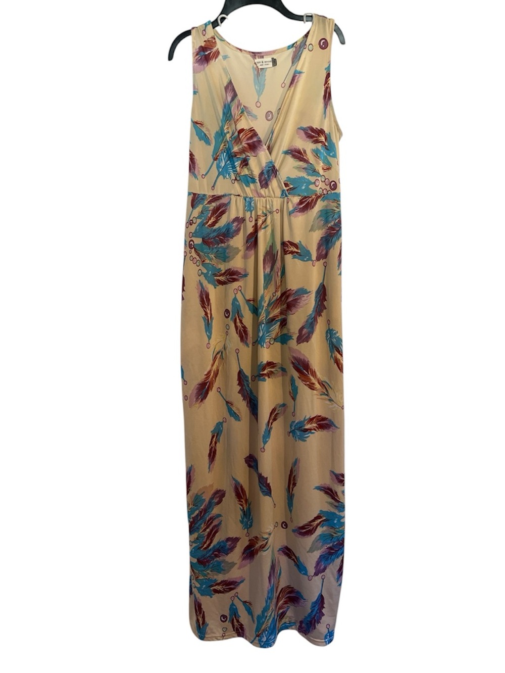 Jon & Anna Beige Maxi Dress with Teal & Burgundy Feather Motif